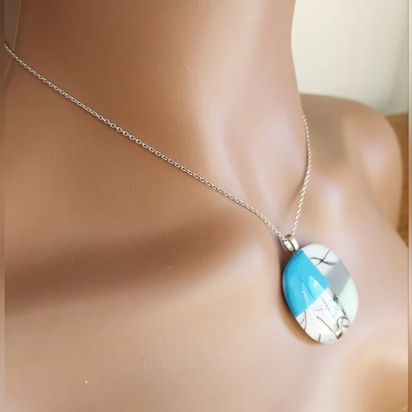 Blue&White Pendant Sterling Silver Necklace - Picture 2 of 15